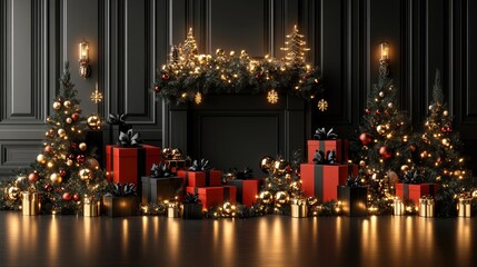 Elegant Christmas fireplace, gifts, trees. Holiday interior design, festive background