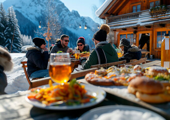 winter sports and ski hut with food and drinks, winter vacation, fun, apres ski