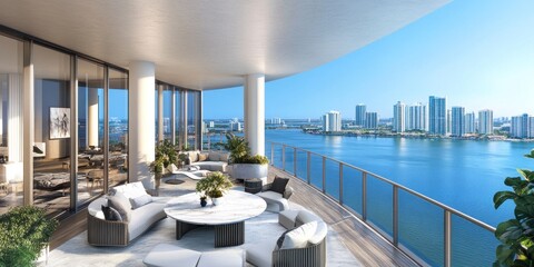 Luxury Penthouse Balcony Overlooking Miami Skyline: Breathtaking Bay Views and Modern Outdoor Oasis