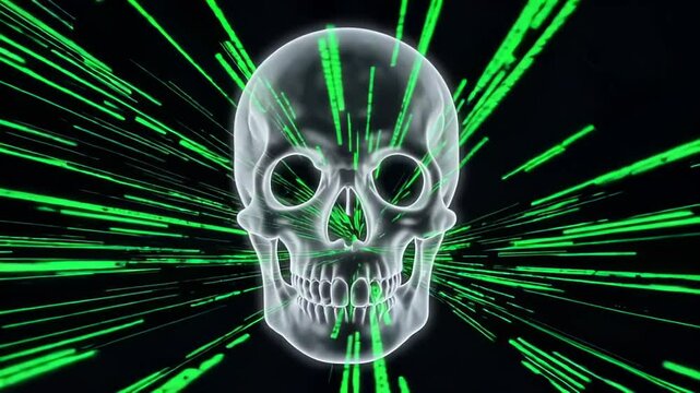 Ethereal holographic skull emerging through cascading digital matrix code. Neon green data streams create dynamic speed lines effect while ghostly translucent skull pulses with technological menace. 