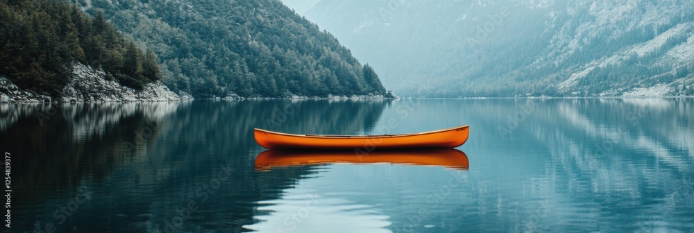 Poster lone orange kayak on tranquil mountain lake reflecting trees and peaks under soft morning light. gen