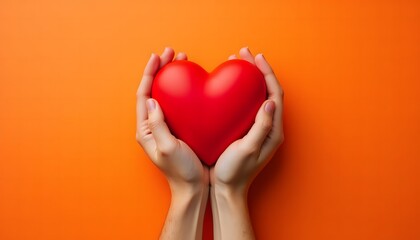 Obraz premium Hands Holding Red Heart Symbol of Love and Compassion on Gray Background