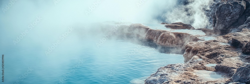Poster Serene hot spring with rising steam amidst rocky edges in a tranquil natural setting. Generative AI