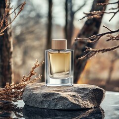 product photography of perfume. a perfume bottle with nature forest fragrance