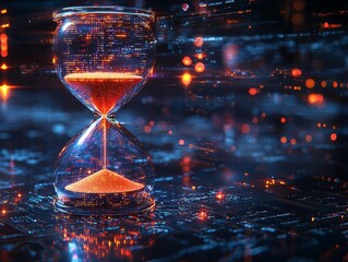 Sci Fi Hourglass With Disappearing Digital Sand in Holographic Void Futuristic Time Concept
