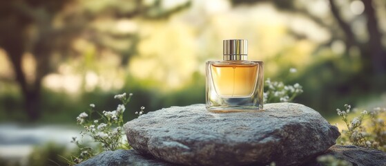 product photography of perfume. a perfume bottle with nature forest fragrance