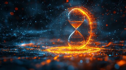 Minimalist Hourglass Icon Inside Glowing Circle with Abstract Time Flow
