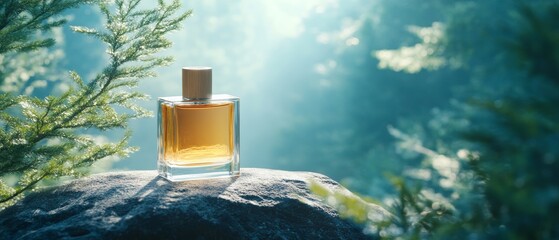 product photography of perfume. a perfume bottle with nature forest fragrance