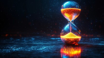 Glowing Hourglass Filled with Luminous Liquid Casting Vibrant Reflections on Mirrored Surface