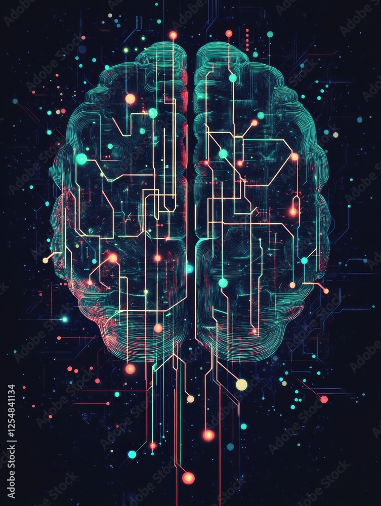 Poster Abstract digital brain design featuring glowing circuits and wires in a futuristic style. Generative AI