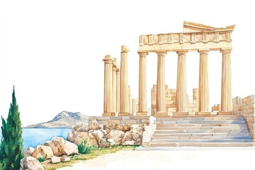 Obraz premium Acropolis of Lindos Rhodes island Greece architecture illustration watercolor.