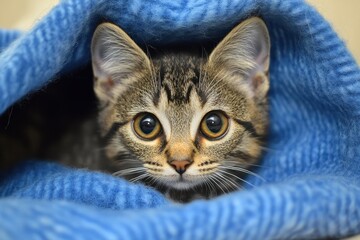 Cute tabby kitten peeking from blue blanket. Perfect for pet, comfort, or warmth themes.