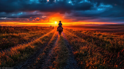 A silhouette of a cowboy riding a horse at sunset on a rural dirt path with vibrant skies