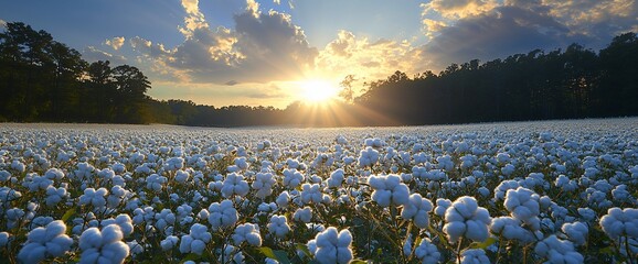 Sunset over a vast cotton field, fluffy white bolls ready for harvest.