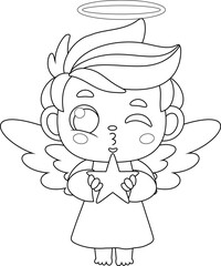Outlined Cute Baby Angel Boy Cartoon Character Holding A Star