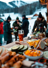 winter sports and ski hut with food and drinks, winter vacation, fun, apres ski