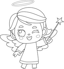 Outlined Cute Baby Angel Girl Cartoon Character Holding Magic Wand Illustrator Artwork