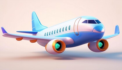 Flying plane icon. Cute, cartoon 3d realistic white airplane with blue portholes and wings, perspective view