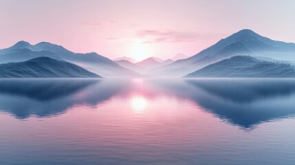 Obraz premium Serene Sunrise Over Misty Mountains and Calm Lake