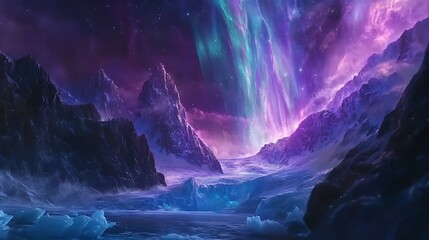 Fototapeta premium Brilliant Aurora Borealis Over Snowy Fjord at Night