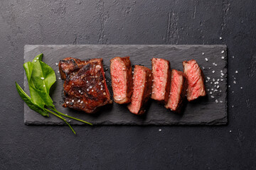 A perfectly cooked sliced striploin steak with a juicy, tender texture