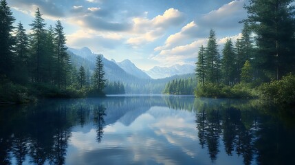 Fototapeta premium Glowing Aurora Borealis Above Quiet Lake with Pine Forest