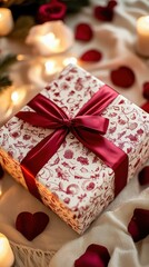 Cozy valentines gift box with romantic touches and rose petals