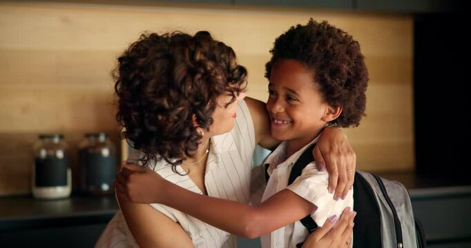 Hug, mother and goodbye to child with backpack in kitchen for education support, back to school and morning routine. African family, woman and greeting boy in home for love and getting ready to leave