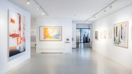 Fototapeta premium A modern art gallery interior with a clean white wall, track lighting, and a blank white frame.