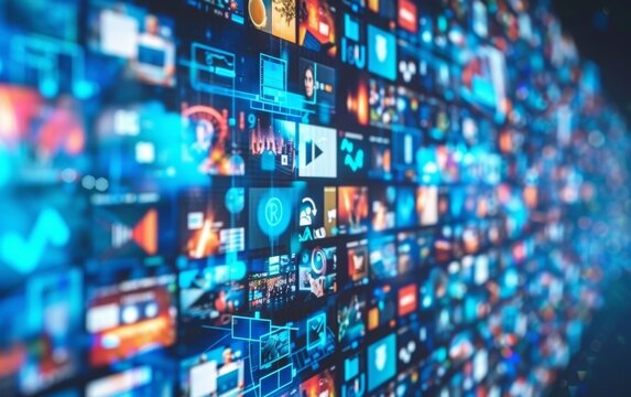 Abstract view of a digital interface with various media icons and content thumbnails.