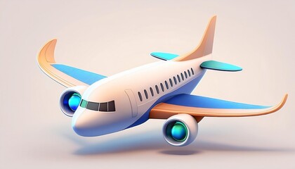 Flying plane icon. Cute, cartoon 3d realistic white airplane with blue portholes and wings, perspective view