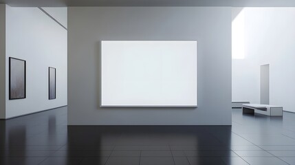 A modern bedroom with all-white furniture, black floor tiles, and a large framed blank canvas.