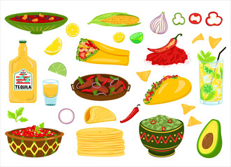 Traditional Mexican cuisine food set. National Mexico dish with meat, hot peppers, avocado, spices, tacos, burritos and tequila. Native food Cinco de mayo. Cartoon vector illustration on a white backg