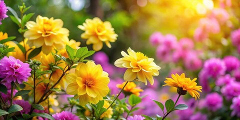 Fototapeta premium Dense foliage with lush green branches and vibrant yellow flowers surrounded by delicate pink petals and a few purple blooms , Full Bloom, Summer Garden