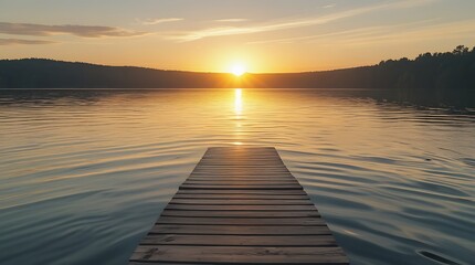 A tranquil wooden dock extends into a calm lake at sunset, with golden light reflecting on the water. The peaceful atmosphere invites relaxation, reflection, and a deep connection with nature

