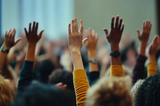 People hands up diverse person crowd.
