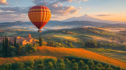 Fototapeta premium Hot air balloon ascending gracefully over a scenic misty mountainous landscape at sunrise creating a dreamy and adventurous mood with ample copy space