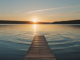 Obraz premium Golden sunset over a serene lake with a wooden pier stretching into the water. The still reflections create a calming, dreamy atmosphere perfect for nature lovers and peaceful moments