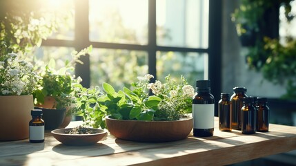 Herbalist preparing natural remedies with fresh herbs and essential oils
