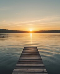 Obraz premium Golden sunset over a serene lake with a wooden pier stretching into the water. The still reflections create a calming, dreamy atmosphere perfect for nature lovers and peaceful moments
