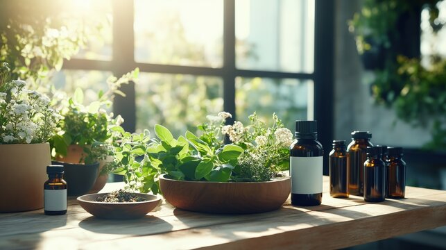 Herbalist preparing natural remedies with fresh herbs and essential oils