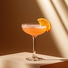Pink cocktail, orange slice, sunlight, beige background, summer drink