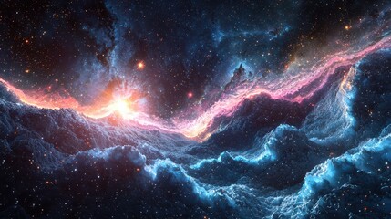 Fototapeta premium Glowing pink and blue waves a digital space abstract illustration