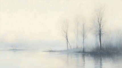 Naklejka premium Misty Morning Lake: Tranquil Water Reflection