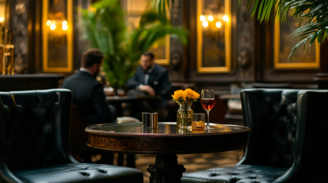 Elegant lounge setting with focus on table decor featuring flowers and drinks, business meeting in the background