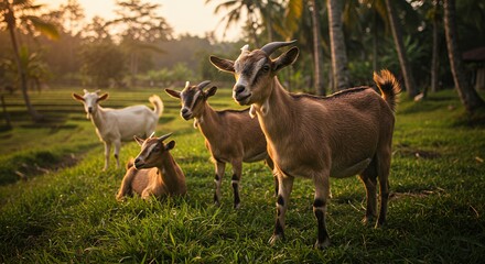 Fototapeta premium Golden Hour Goats in Tropical Paradise