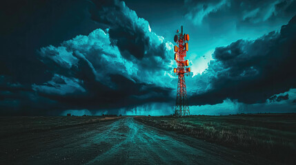 A dramatic landscape featuring a towering cell tower against a stormy, cloud-filled sky