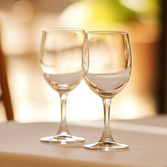 Two empty wine glasses stand elegantly on a tablecloth, bathed in soft, diffused light against a blurred background.