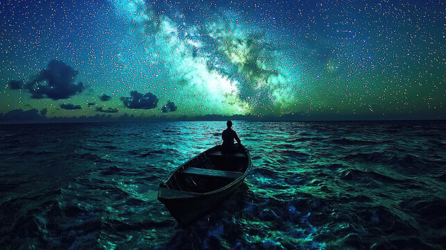 A solitary figure in a boat under a starry sky, reflecting on calm ocean waters at night - Powered by Adobe