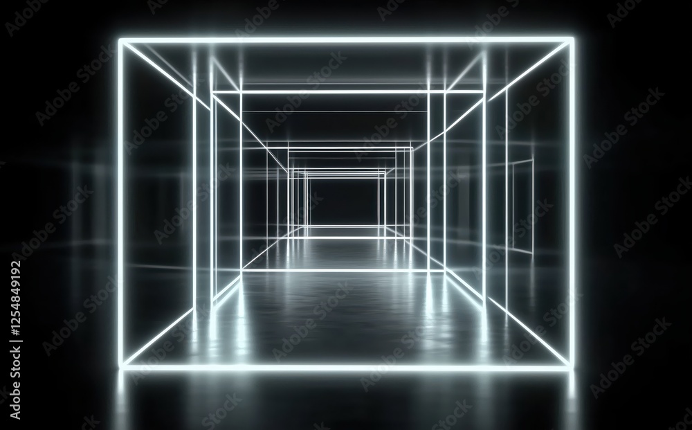Wall mural illuminated transparent cube structure creating a sense of infinity in a dark environment